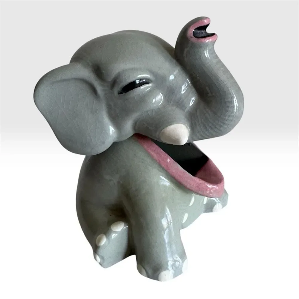 Vintage Mid-Century Ceramic Elephant Ashtray Trinket Novelty Decor Signed Alex